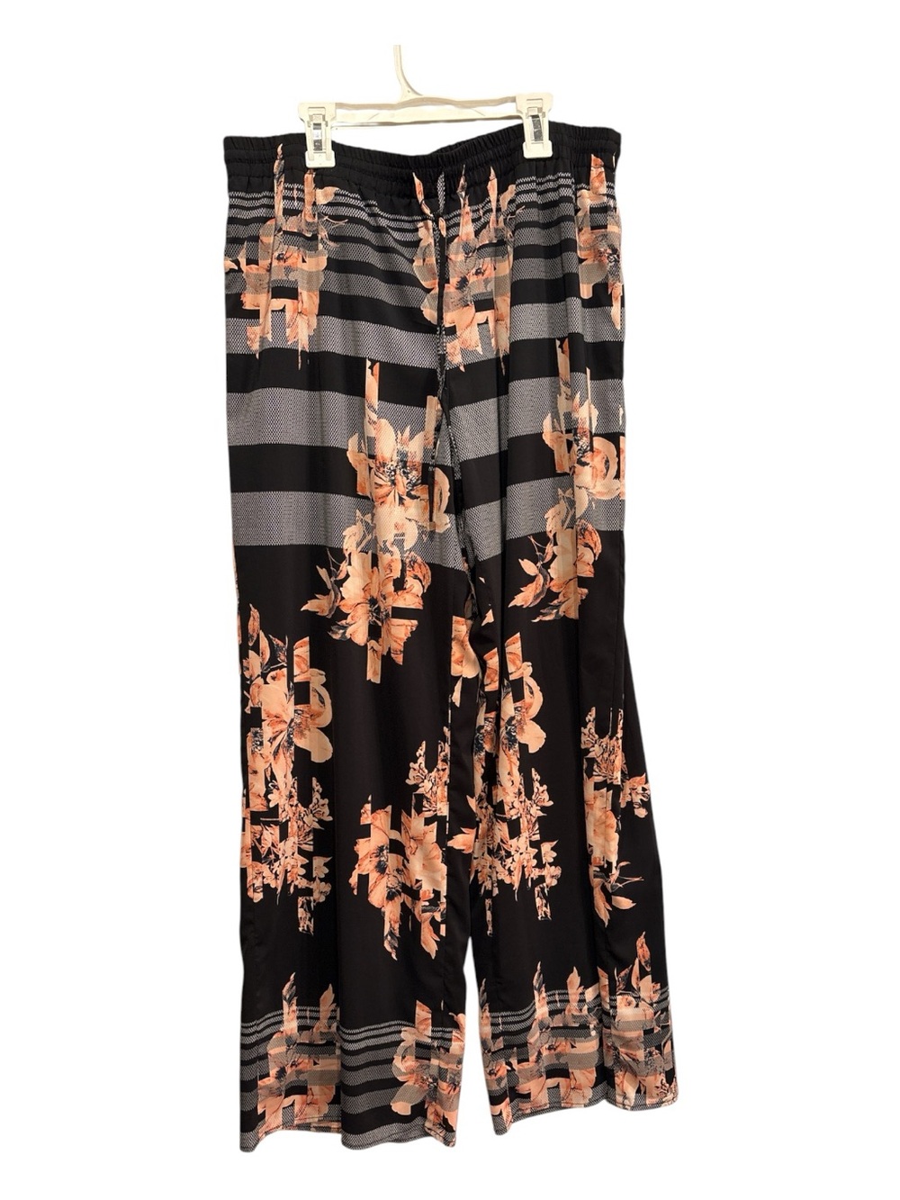 Joan Vass Black Wide-Leg Floral Pants with Peach Print size large